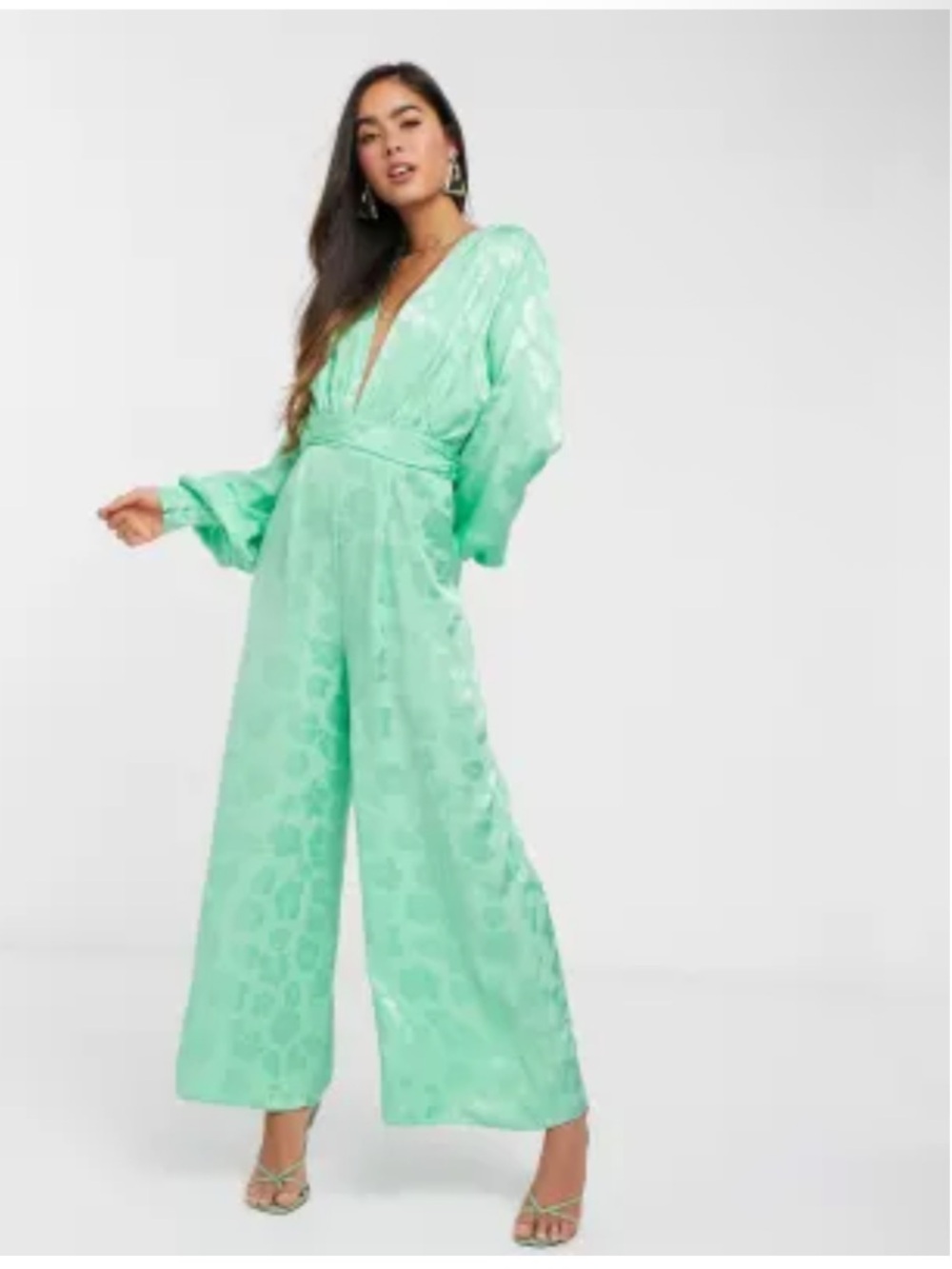 ASOS DESIGN plunge jacquard jumpsuit with ruched waist detail in green